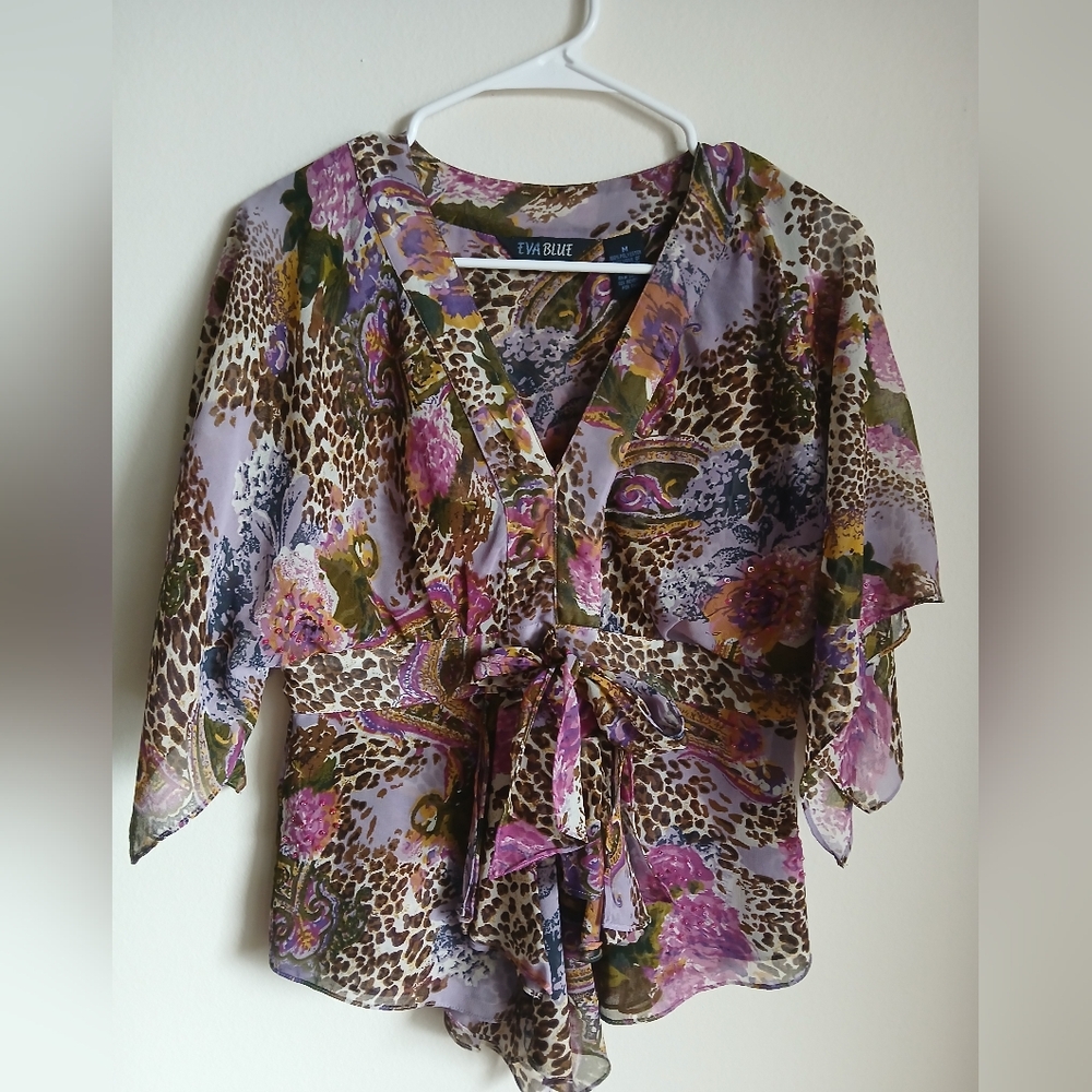 Eva Blue Blouse Womens Medium Animal Floral Print